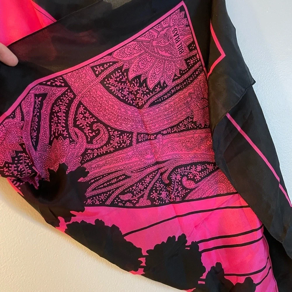 vintage Bill Blass silk pink and black paisley print square shawl scarf.